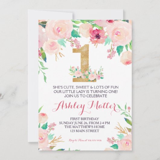 Invitation florale rose de premier anniversaire (Devant)