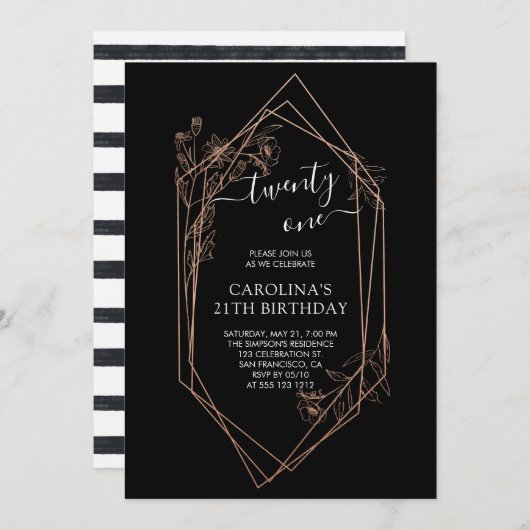 Invitation Florale rose d'or 21e anniversaire (Devant / Derrière)