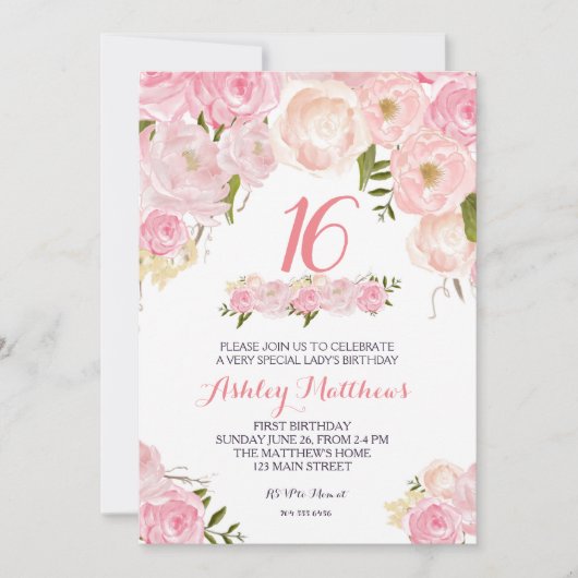 Invitation florale rose du 16e SWEET SIXTEEN (Devant)