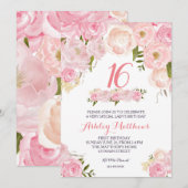 Invitation florale rose du 16e SWEET SIXTEEN (Devant / Derrière)
