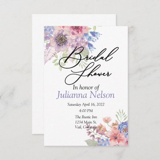 Invitation florale rose et bleu (Devant / Derrière)