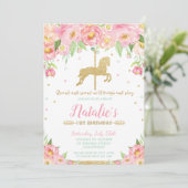 Invitation Florale rose et carrousel d'or 1ère fille d'annive (Debout devant)