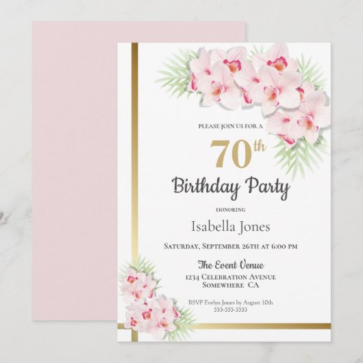 Invitation Florale rose et or 70e anniversaire (Devant / Derrière)