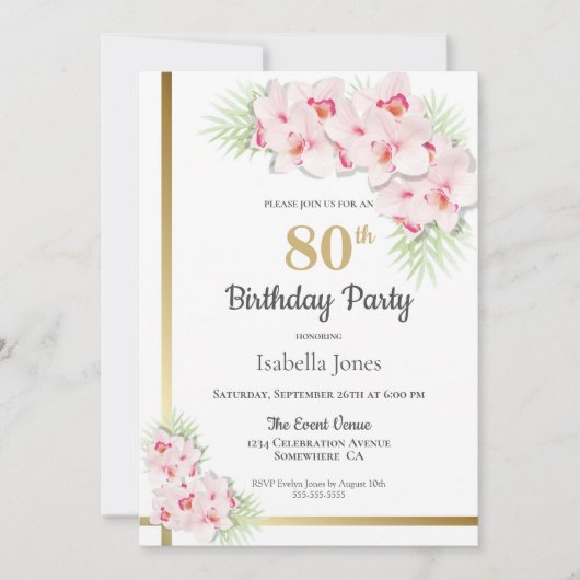 Invitation Florale rose et or 80e anniversaire (Devant)