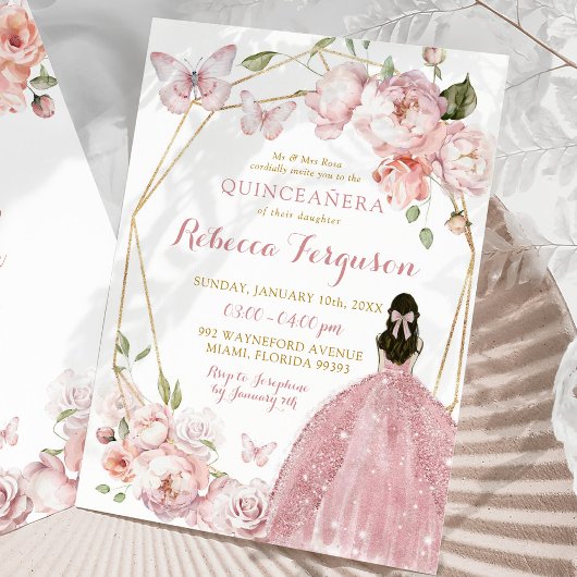 Invitation Florale rose or mexicaine Princesse Quinceañera