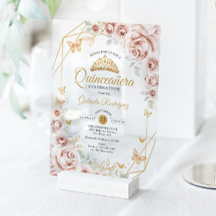 Invitation florale rose poudré or pour Quinceanera