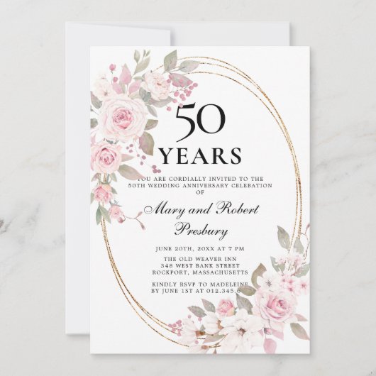 Invitation Florale Rose Poudrée Élégante 50e Anniv (Devant)