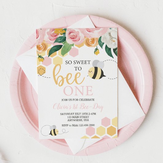 Invitation florale rose pour le 1er anniversaire d