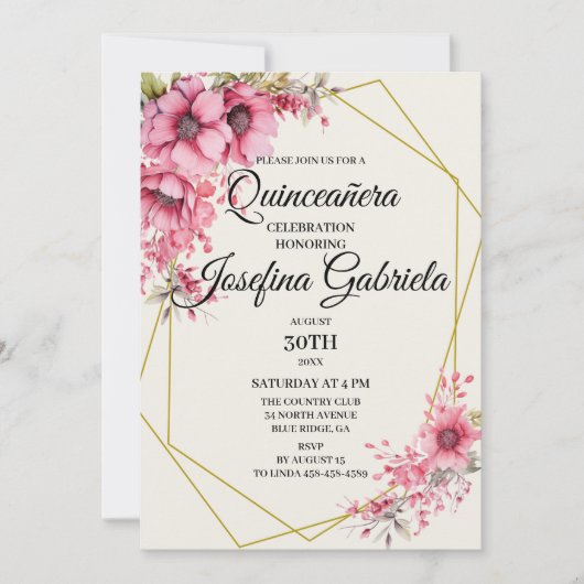 Invitation florale rose pour Quinceañera (Devant)