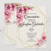 Invitation florale rose pour Quinceañera (Devant / Derrière)