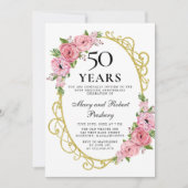 Invitation Florale Rose Rose Élégante 50e Annivers (Devant)