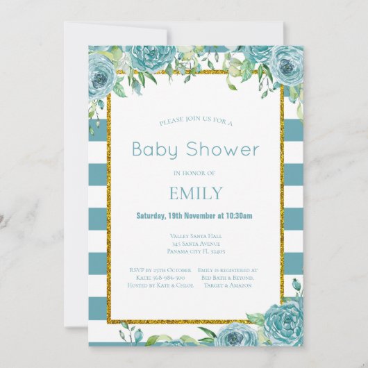 Invitation florale sarcelle modifiable, mariage, b (Devant)