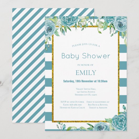 Invitation florale sarcelle modifiable, mariage, b (Devant / Derrière)