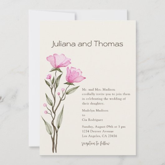 Invitation florale simple mariage aquarelle (Devant)