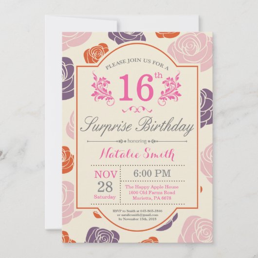 Invitation Florale surprise 16e anniversaire Rose  (Devant)