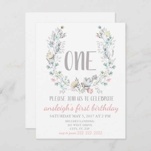 Invitation florale "UN" premier anniversaire (Devant / Derrière)