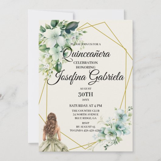 Invitation florale verte pour Quinceañera (Devant)