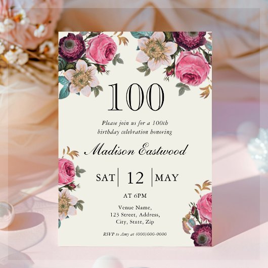 Invitation Florale vintage 100e anniversaire