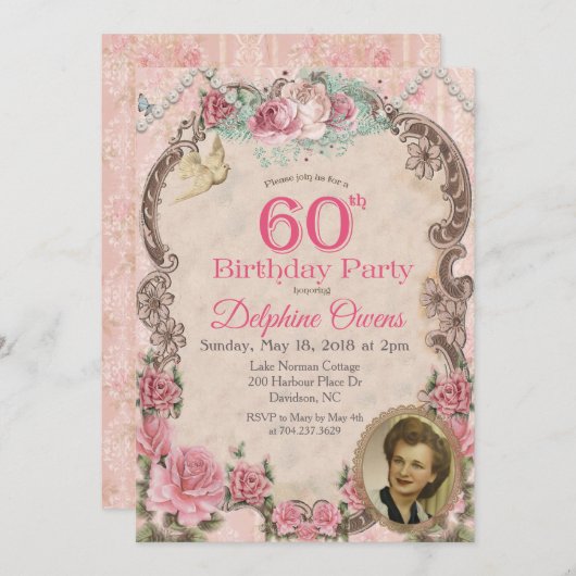 Invitation Florale vintage 60e anniversaire (Devant / Derrière)