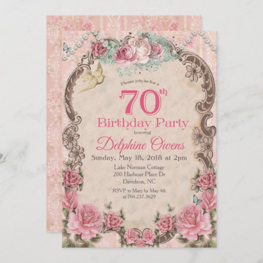 Invitation Florale vintage 70e anniversaire (Devant / Derrière)