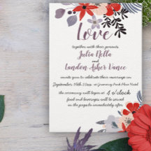 Invitation florale vintage rose rouge et lavande