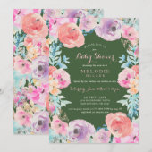 Invitation florale vintage verte rose de baby (Devant / Derrière)