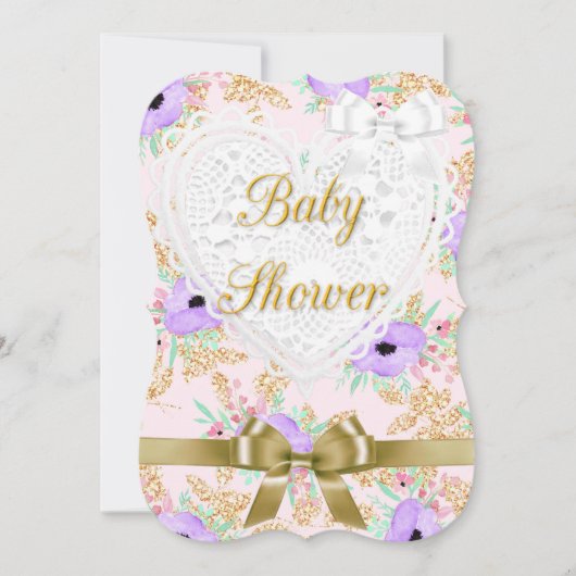 Invitation Florale violet et Baby shower d'or (Devant)
