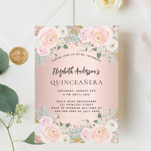 Invitation Florales blanches d'or rose Quinceanera luxe