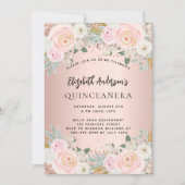 Invitation Florales blanches en or rose Quinceanera (Devant)