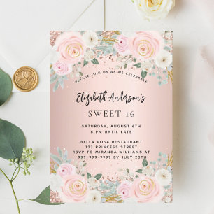 Invitation Florales blanches en or rose Sweet 16