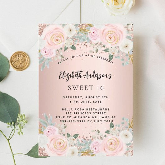 Invitation Florales blanches en or rose Sweet 16