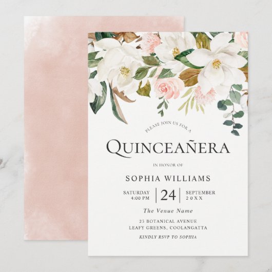 Invitation Florales blanches et blanches Belle Quinceañera Pa (Devant / Derrière)