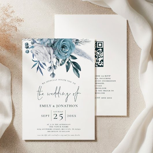 Invitation Florales bleues modernes QR Code Mariage