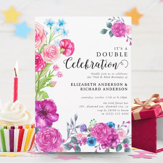 Invitation Florales brillantes et audacieuses Double fête Ann