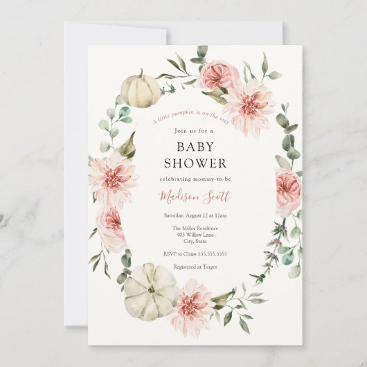 Invitation Florales Citrouilles roses et Baby shower verdoyan (Devant)