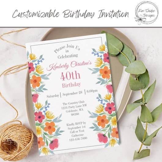 Invitation Florales d'aquarelle brillante 40e anniversaire