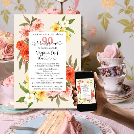 Invitation Florales de Charme Espagnol Cadre Blanc 90e annive