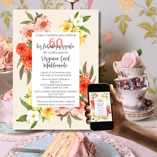 Invitation Florales de couleur espagnole Cadre blanc 60e anni