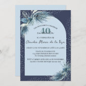 Invitation Florales d'hiver bleu espagnol 40e fête d'annivers (Devant / Derrière)