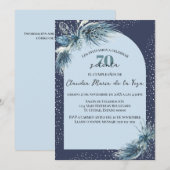 Invitation Florales d'hiver bleu espagnol 70e fête d'annivers (Devant / Derrière)