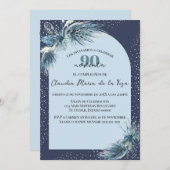Invitation Florales d'hiver bleu espagnol 90e fête d'annivers (Devant / Derrière)
