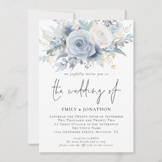 Invitation Florales élégantes QR Code Dusty Blue Mariage (Devant)