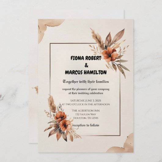 Invitation Florales en terre cuite rustique et Mariage en her (Devant / Derrière)