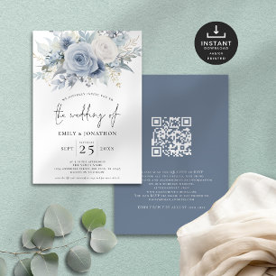 Invitation Florales modernes QR Code Dusty Mariage bleu