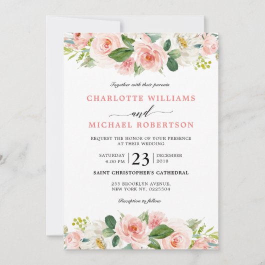 Invitation Florales rose pâle Mariage botanique moderne (Devant)
