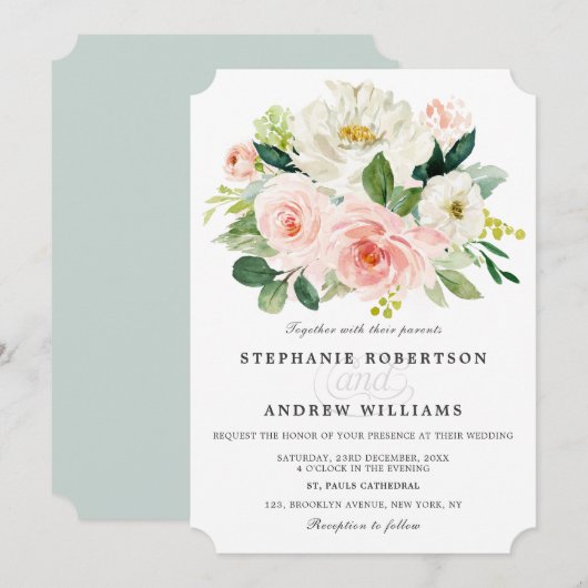 Invitation Florales rose pâle Mariage botanique moderne (Devant / Derrière)