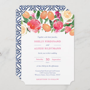 Invitation Florales roses vives Citrus bleu foncé Carrelage M