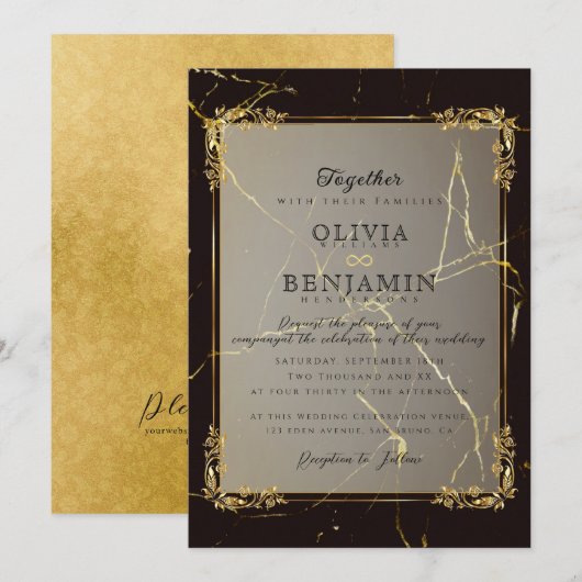 Invitation Florales Royal Gold Frame & Mariage noir marbré (Devant / Derrière)