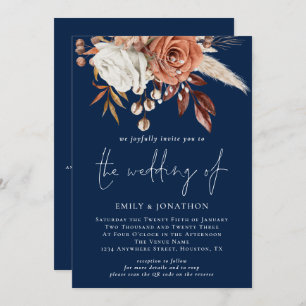 Invitation Florales rustiques QR Code Marine Mariage bleu