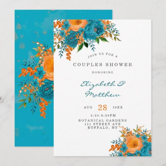 Invitation Florales turquoises et orange Couples Douche (Devant / Derrière)